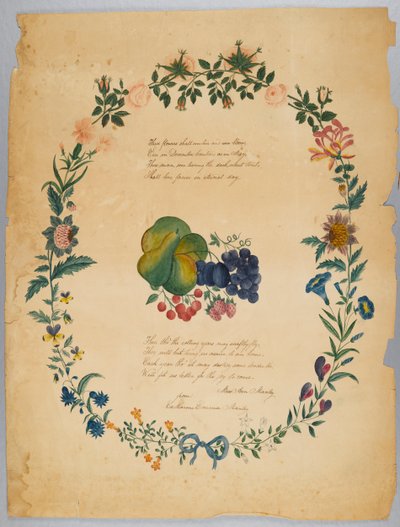 Nimetön (runo ja koristeseppele) (wc, grafiitti & muste paperille) tekijältä Catherine Emma Manley