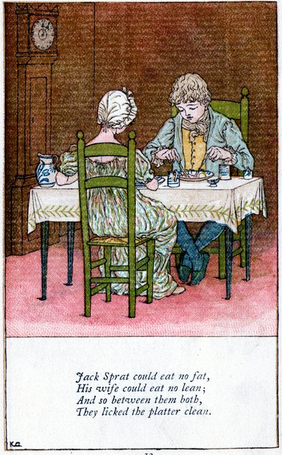 Kuvitus "Jack Sprat ei voinut syödä rasvaa", Kate Greenaway 1846-1901 tekijältä Catherine Greenaway
