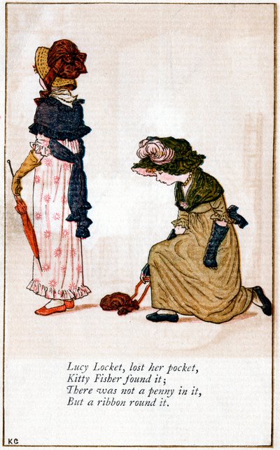 Kuvitus "Lucy Locket, kadotti kukkaronsa", Kate Greenaway 1846-1901 tekijältä Catherine Greenaway