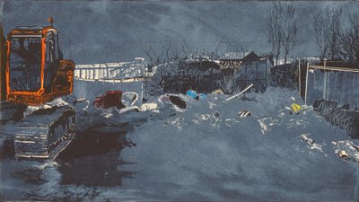 Laaja alue, jossa on 300 jänislampikorentoa, 2014 (Linoleikkaus ja etsaus) tekijältä Catherine Sutcliffe Fuller