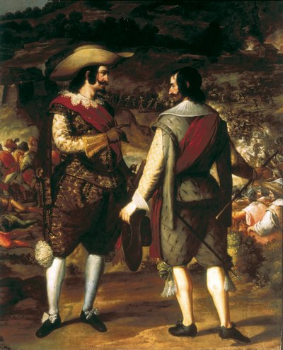 San Juanin vangitseminen Puerto Ricossa (Puerto Rico) (1625). Yksityiskohta. Etualalla Don Juan de Haro puhuu avustajansa kanssa. Hänen takanaan linnoitus, jota vartioivat espanjalaiset, jotka pakottavat hollantilaiset lähtemään. Eugenio Caxesin tai Cajesi tekijältä Caxesi or Caxete Eugenio Caxes