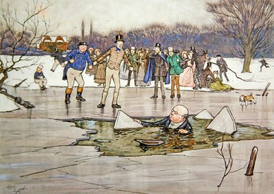"Veden alta nousi kasvot, pää, hartiat ja paljasti herra Pickwickin piirteet ja silmälasit" tekijältä Cecil Charles Windsor Aldin