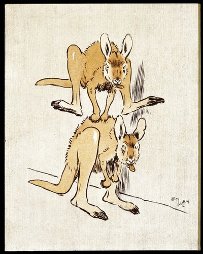 Sarjakuvat kengurut. Kaksi kengurua pelaa lammashyppyä. tekijältä Cecil Charles Windsor Aldin