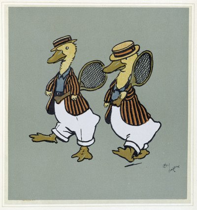 Deux ducks en suit de tennis - in ""Merry Party"", ill. kirjoittanut Cécil Aldin, toim. Hodder & Stoughton, Lontoo tekijältä Cecil Charles Windsor Aldin