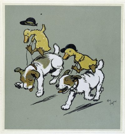Ankka tekee "" ratsastusta"" koirilla - "" Merry Party" -ohjelmassa, ill. kirjoittanut Cécil Aldin, toim. Hodder & Stoughton, Lontoo tekijältä Cecil Charles Windsor Aldin