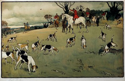 Metsästyskohtaus, Cecil Aldinin (1870-1935) polkuvesiväri, 1800-luvun yksityinen kokoelma tekijältä Cecil Charles Windsor Aldin
