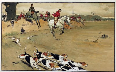 Metsästyskohtaus, koiralauma haukkuu Cecil Aldinin (1870-1935) akvarellipelin jälkeen 1800-luvun yksityiskokoelma tekijältä Cecil Charles Windsor Aldin