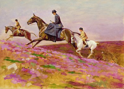Lady Currie poikiensa Bill ja Hamish Hunting on Exmoor (öljy kankaalle) tekijältä Cecil Charles Windsor Aldin