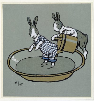 Kanit prennant un bain - "" Merry Party" -elokuvassa, ill. kirjoittanut Cécil Aldin, toim. Hodder & Stoughton, Lontoo tekijältä Cecil Charles Windsor Aldin