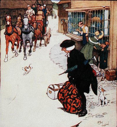 "Kylän sisäänkäynnillä soiva torvi aiheuttaa yleistä vilskettä", kuva Hodderin ja Stoughtonin julkaisemasta Washington Irvingin (1783-1859) "Old Christmas" -kirjasta. tekijältä Cecil Charles Windsor Aldin