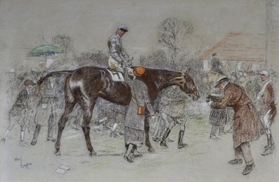 Johda voittajaa vedonvälittäjien kannustaessa, n. 1920-25 (pastelli) tekijältä Cecil Charles Windsor Aldin