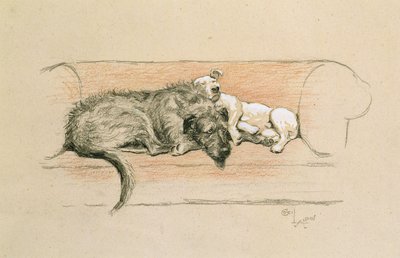 Susikoira ja bullterrieri nukkumassa sohvalla (pastelli paperilla) tekijältä Cecil Charles Windsor Aldin
