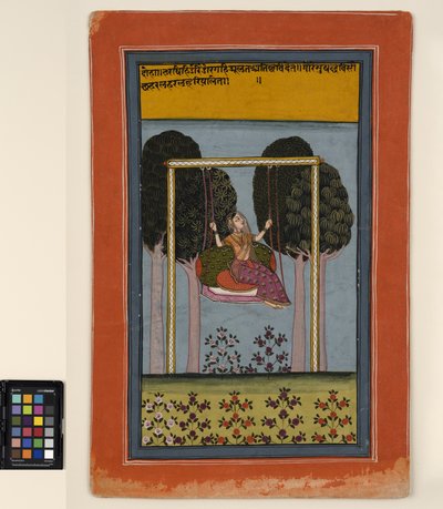 Nainen keinussa, n. 1800 (läpinäkymätön akvarelli ja kulta paperille) tekijältä Central Indian School