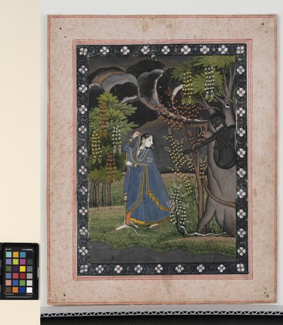 Abhisarika Nayika, n. 1820 (läpinäkymättömät pigmentit ja kulta paperilla) tekijältä Central Indian School