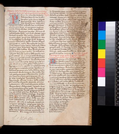 Ms 148. Gregorius Suuri, Dialogi italiaksi käännös. kirjoittanut Domenico Cavalca, f.1r Koristetut kirjaimet [P] ja [D] punaisella ja kynäkoristelu sinisellä tekijältä Central Italian School