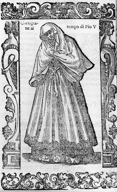 Renessanssi: kurtisaani paavi Pius V:n (1566-1572) aikana. Kaiverrus Cesare Vecellion "" Modern and Ancient Costumes" -julkaisusta tekijältä Cesare (attr. to) Vecellio