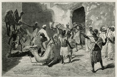 Kamelien lastaus tarinan kirjoittajan Atangerin karavaanista, Biseon kaiverrus havainnollistamaan Edmondo de Amicisin tarinaa Le Maroc, vuonna 1875, julkaistu tour du mondessa, Edouard Chartonin johdolla. tekijältä Cesare Biseo