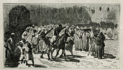 varkaan puhe, kiipeää muulin selkään, hän saa pamppuja väkijoukon sävyjen alla, C. Biseon kaiverrus havainnollistamaan Edmondo de Amicisin tarinaa Le Maroc, vuonna 1875, julkaistu tour du monde -lehdessä. Edouard Chartonin suuntaan tekijältä Cesare Biseo