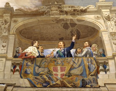 Carlo Alberto antaa miekan Vittorio Emanuele II:lle, yksityiskohta (3433390:n yksityiskohta) tekijältä Cesare Mariani