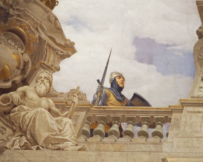 Yksityiskohta Cesare Marianin (1826-1901) freskosta "Allegoria Italiasta", Enemmistön salin katto, Palazzo delle Finanze (Rahoituspalatsi), Rooma. Italia tekijältä Cesare Mariani