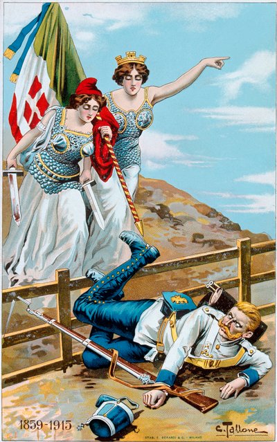 Ensimmäinen maailmansota: juliste, joka kuvaa allegoria Italiasta ja Ranskasta jahtaamasta Saksaa rajan yli. Kuvitus: Cesare Tallone (1853-1919) Yksityinen kokoelma tekijältä Cesare Tallone