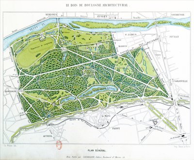 Pariisin Bois de Boulognen suunnitelma, julkaissut Caudrilier, 1860 tekijältä Ch. Walter