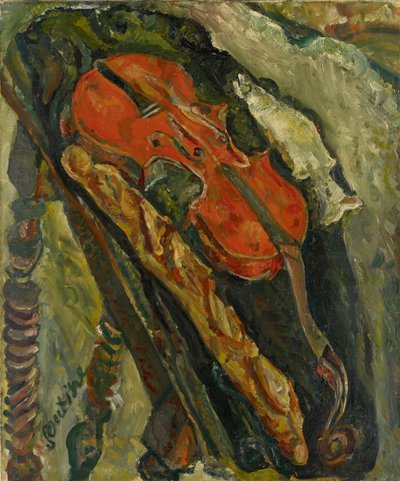 Nature morte au viulon, pain et poisson Asetelma viululla, leipä ja kala, n. 1922. tekijältä Chaim Soutine