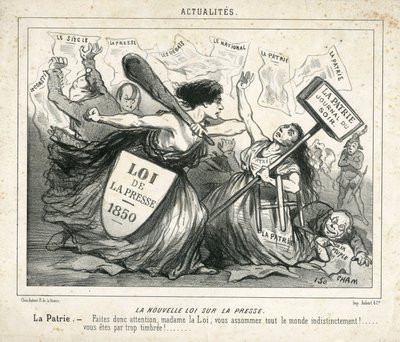 Kuva Chamista (1819-1879) Le Charivarissa, noin 1850-4-3 - Uusi lehdistölaki - Sensuuri, lehdistö/media, Loi - Proudhon Pierre-Joseph (1809-1965), Girardin Emile de (1806- 1881) - Allegorie tekijältä Amédée de Noé