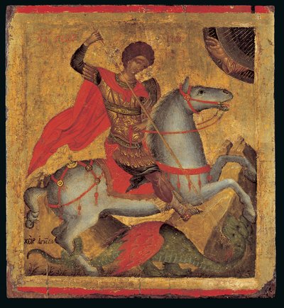 Pyhän Yrjön ikoni hevosen selässä, Lohikäärmeen surmaaminen (munan tempera puussa) tekijältä Chanter Angelos Akotandos