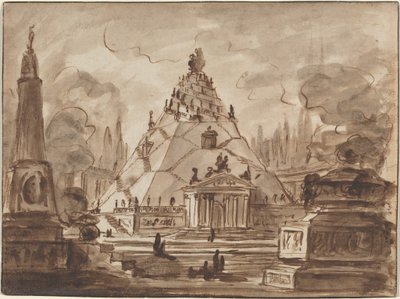 Arkkitehtoninen fantasia pyramidimaisen mausoleumin kanssa, noin 1747 (kynä ja ruskea muste ruskealla tussilla ja ruskealla tussivärillä lyijypaperille) tekijältä Charles-Michel-Ange Challe