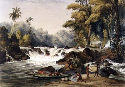 Joulukaihi Berbice-joella, "Näkymiä Guyanan sisätiloissa", kaiverrettu Paul Gauci (fl.1834-67) pub. kirjoittanut Ackermann tekijältä Charles (after) Bentley