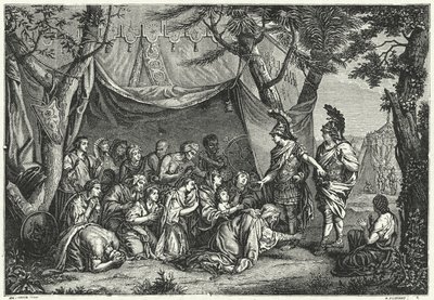 Persian kuningattaret Aleksanterin jaloissa (kaiverrus) tekijältä Charles (after) Le Brun