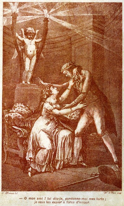 Kuvitus Choderlos de Laclosin (1741-1803) epistolaariromaaniin ”Dangerous Liaisons” (kaiverrus) tekijältä Charles (after) Monnet