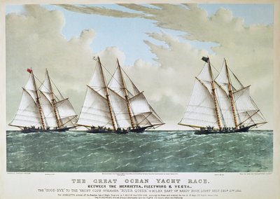 Great Ocean Yacht Race vuodelta 1866 Henriettan, Vestan ja Fleetwingin välillä, julkaisija Currier & Ives tekijältä Charles (after) Parsons