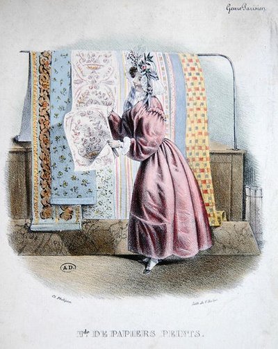 Tapettimyyjä, noin 1840 (värilitro) tekijältä Charles (after) Philipon