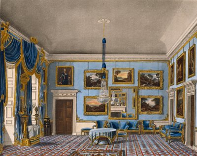 Sininen samettisali, Kaiverrus Daniel Havell (1785-1826), Perustuu Charles Wildin (1781-1835) suunnitteluun, Kuninkaallisten asuntojen historiasta tekijältä Charles (after) Wild