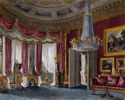Vaaleanpunainen satiininen salonki, kaiverrus Richard Reeve (s. 1780), Perustuu Charles Wildin (1781-1835) suunnitteluun, The History of the Royal Residences tekijältä Charles (after) Wild