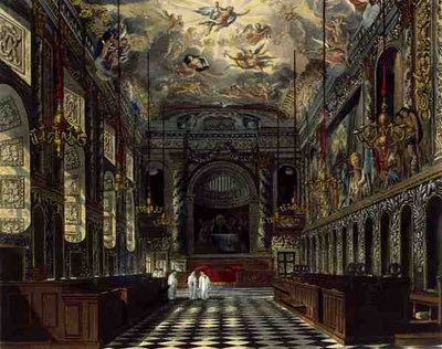 Kuninkaallinen kappeli, Windsorin linna, "Royal Residences", kaiverrus Thomas Sutherland (s.1785), pub. Kirjailija: William Henry Pyne (1769-1843) tekijältä Charles (after) Wild