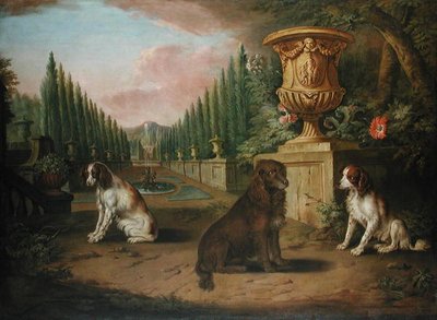 Kolme spanielia muodollisessa puutarhassa, n. 1730 (öljy kankaalle) tekijältä Charles (and Studio) Collins