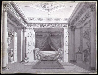 Suunnitelma empiremakuuhuoneeseen, noin 1810 (tussi ja akvarelli paperille). tekijältä Charles (attr. to) Percier