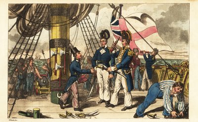 Kapteeni Spring tekee Midshipman Newcomesta avustajansa ja ojentaa hänelle miekkansa HMS Victoryn kortsakannella tekijältä Charles (c.1797 1850) (after) Williams