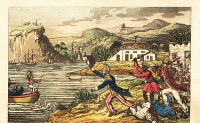 Englannin laivaston upseeri pakenemassa vihaista Massa-istuttajaa ja Quashee-orjuuttamia miehiä, jotka pitävät halailuja Jamaikalla tekijältä Charles (c.1797 1850) (after) Williams