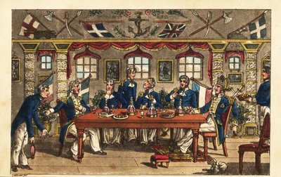 Midshipman Newcome kumartaa jättäessään illallisen kapteenin hytissä, HMS Victoryssa tekijältä Charles (c.1797 1850) (after) Williams