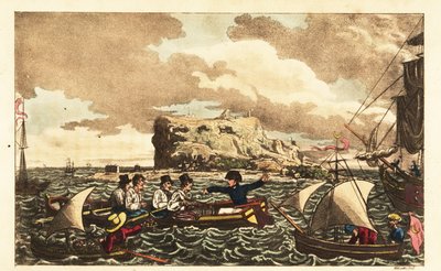 Midshipman Newcome siirrettiin soutuveneellä HMS Vanguardiin lähellä Gibraltaria tekijältä Charles (c.1797 1850) (after) Williams