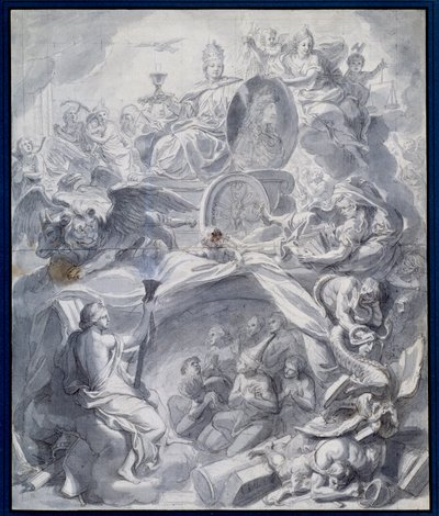Allegoria: "" Harhaopin voittokirkko tai uskonnon voitto"" Guassin piirtäminen ja Charles Lebrunin (Le Brun) (1619-1690) työpajan pesu 1600-luvun Pariisissa, Musee du Louvre tekijältä Charles (studio of ) Le Brun