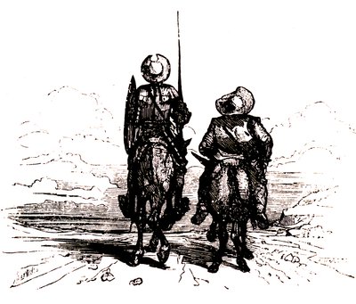 Don Quijote hevosensa selässä, vieressä Sancho aasinsa selässä... tekijältä Charles Albert d