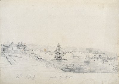 Oikealla Baudinin retkikunnan ranskalaisten leiri Bennelongin pisteessä, vasemmalla Sydney, Nicolas Bayley-lyijykynän ja musteen koti Charles Alexandre Lesueur tekijältä Charles Alexandre Lesueur