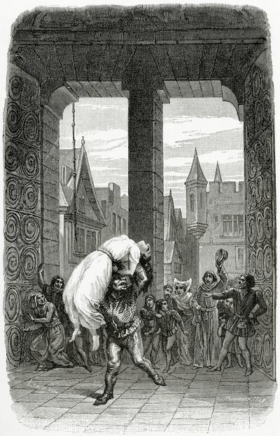 Quasimodo pelastaa Esmeraldan teloituksesta - kuvitus Notre Dame de Parisista, 1800-luku (bw-kaiverrus) tekijältä Charles Alexandre Lesueur