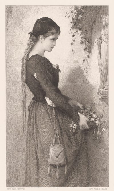 Nuori nainen tuo kukkia markkinarakoon Marian patsaan kanssa Marguerite (otsikko esineessä) tekijältä Charles Alphonse Deblois