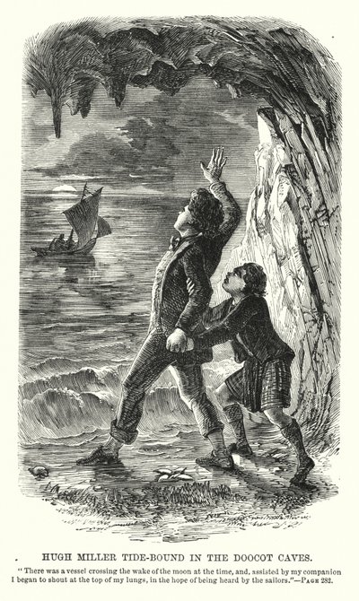Hugh Miller vuoroveden kyydissä Doocotin luolissa (kaiverrus) tekijältä Charles Altamont Doyle